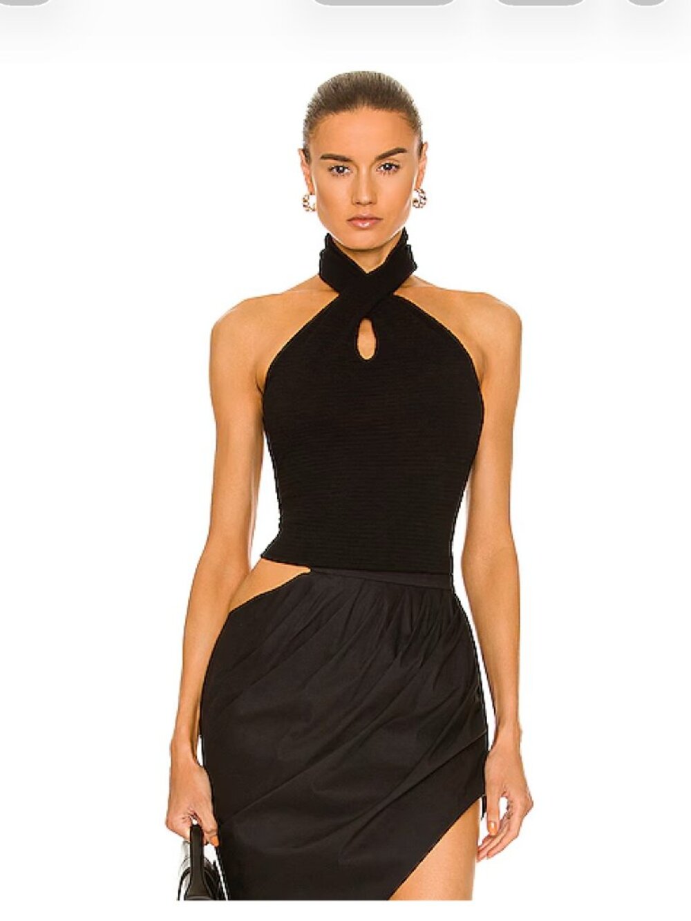 ENZA COSTA Puckered Knit Twist Halter Top In Black Keyhole